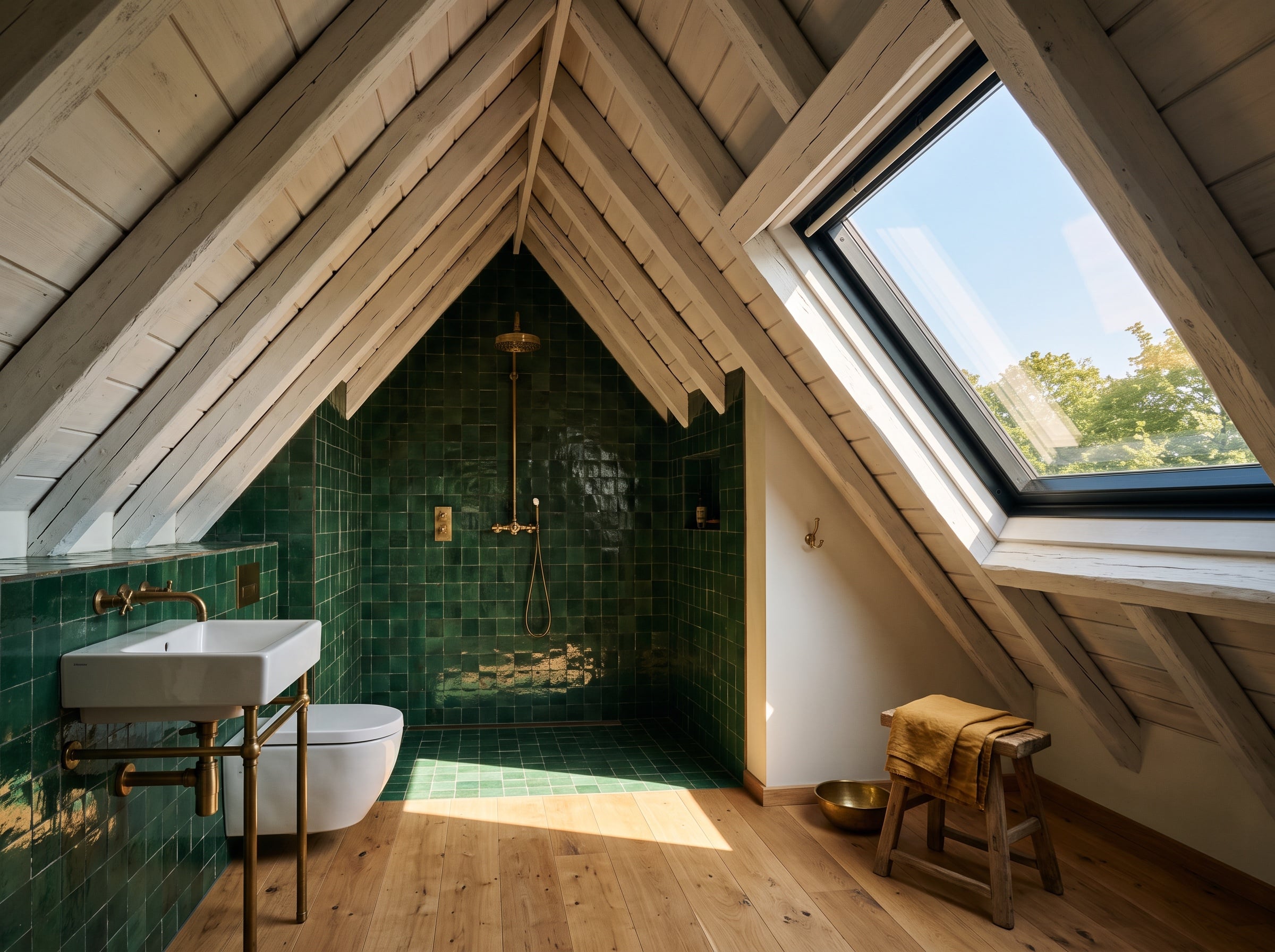 Badezimmer unter einer Dachschräge, Dusche unter dem First, Waschtisch an der Kniestockwand.