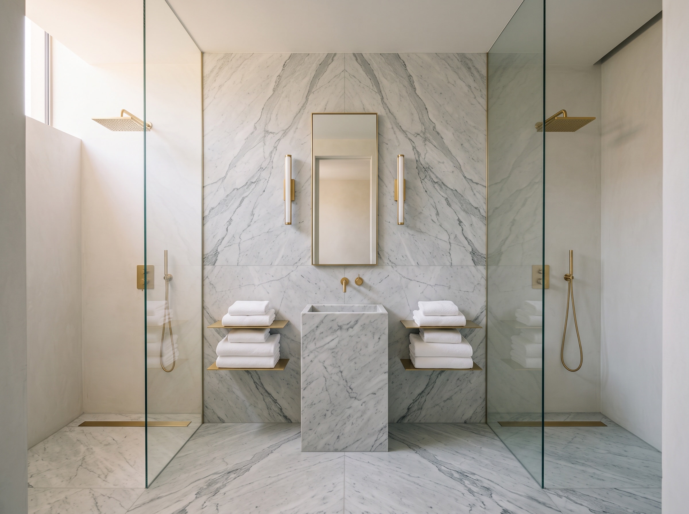 Hotelbad mit bodengleicher Dusche, Duschrinne und einheitlicher Armatur, helle Fliesen.