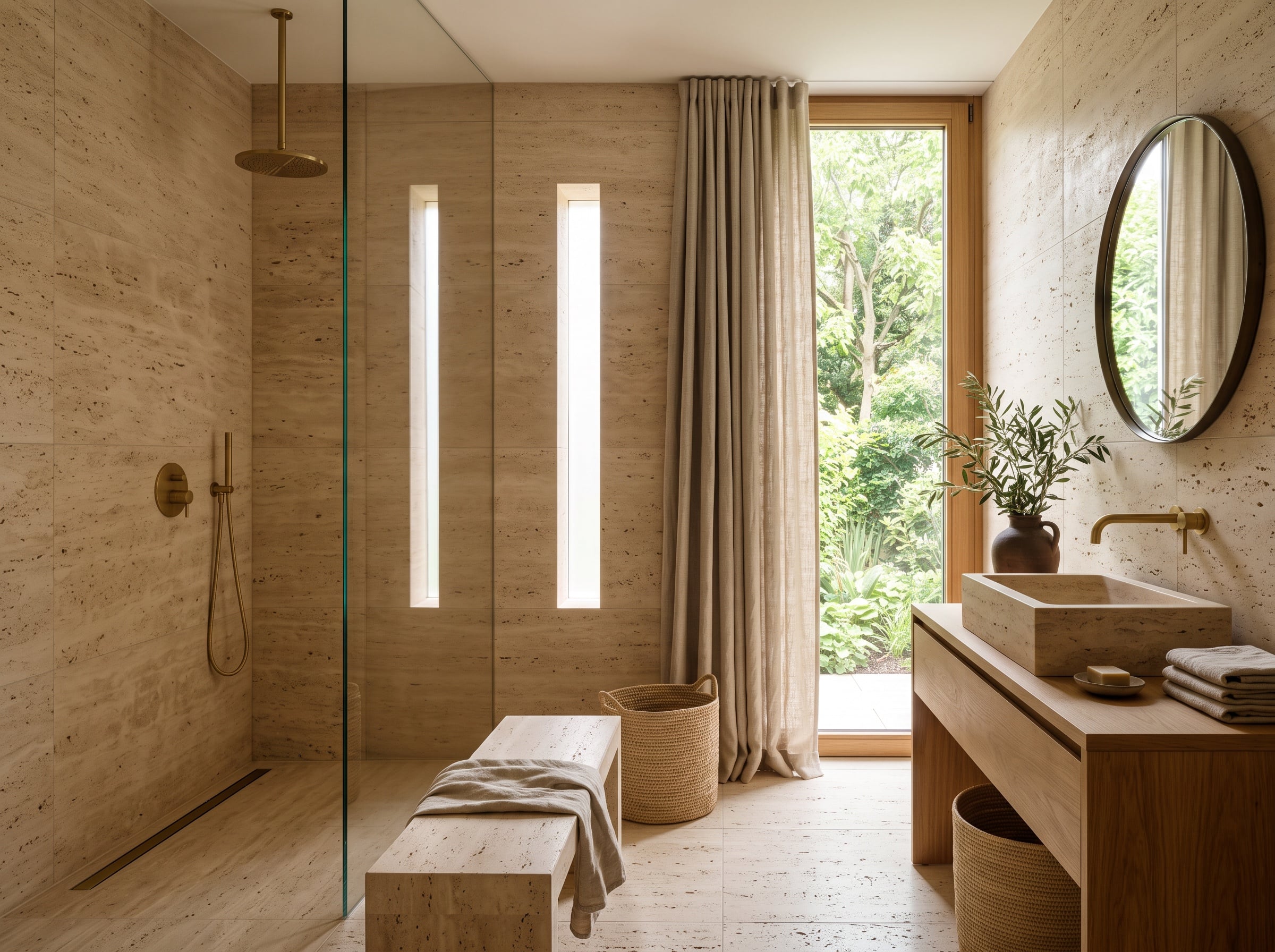 Frisch gefliestes Badezimmer mit bodengleicher Dusche und Glasabtrennung, Tageslicht von der Seite.