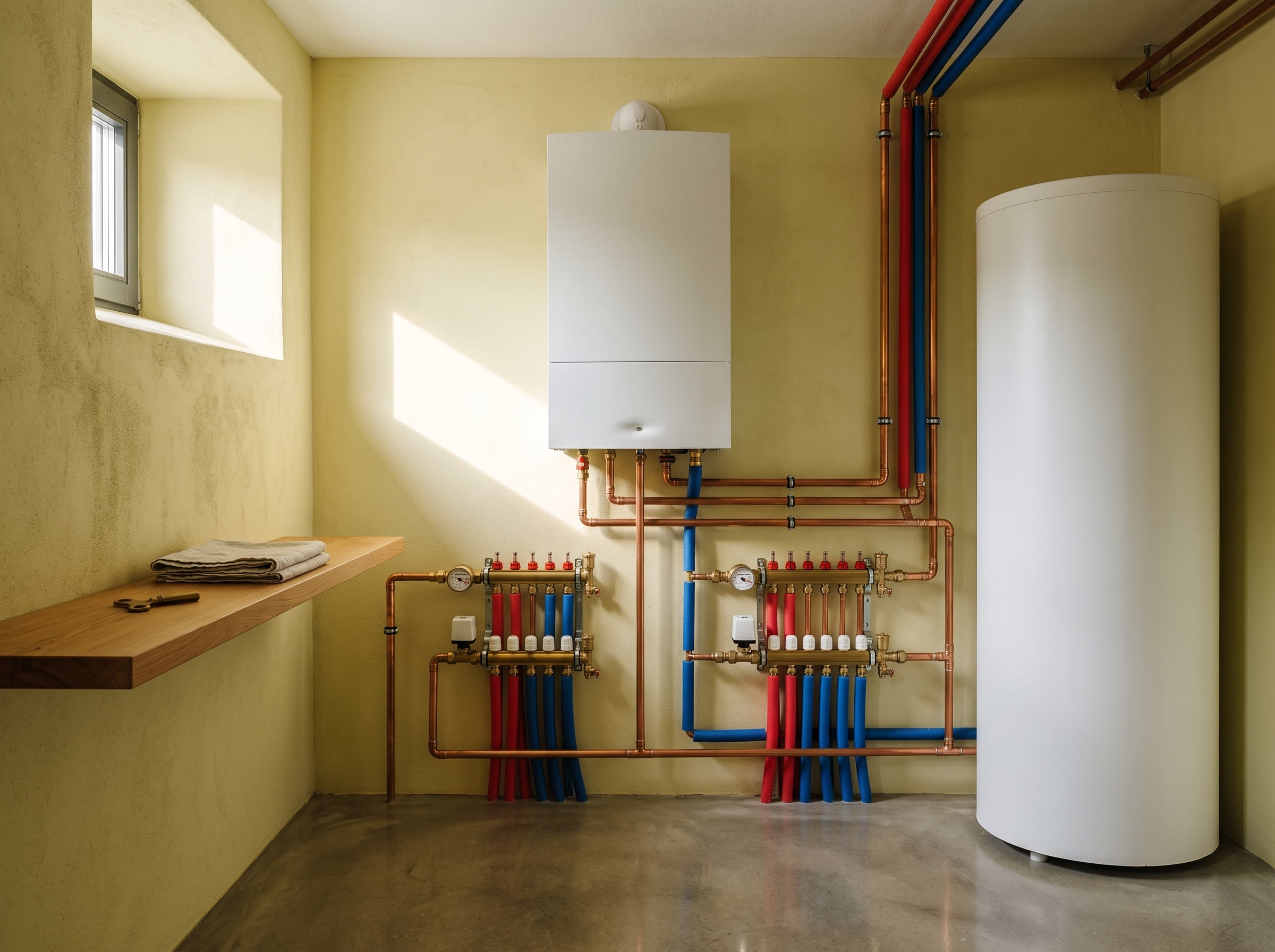 Wandhängendes Gas-Brennwertgerät über zwei getrennten Heizkreisverteilern mit je einem Wärmemengenzähler, daneben der Warmwasserspeicher.
