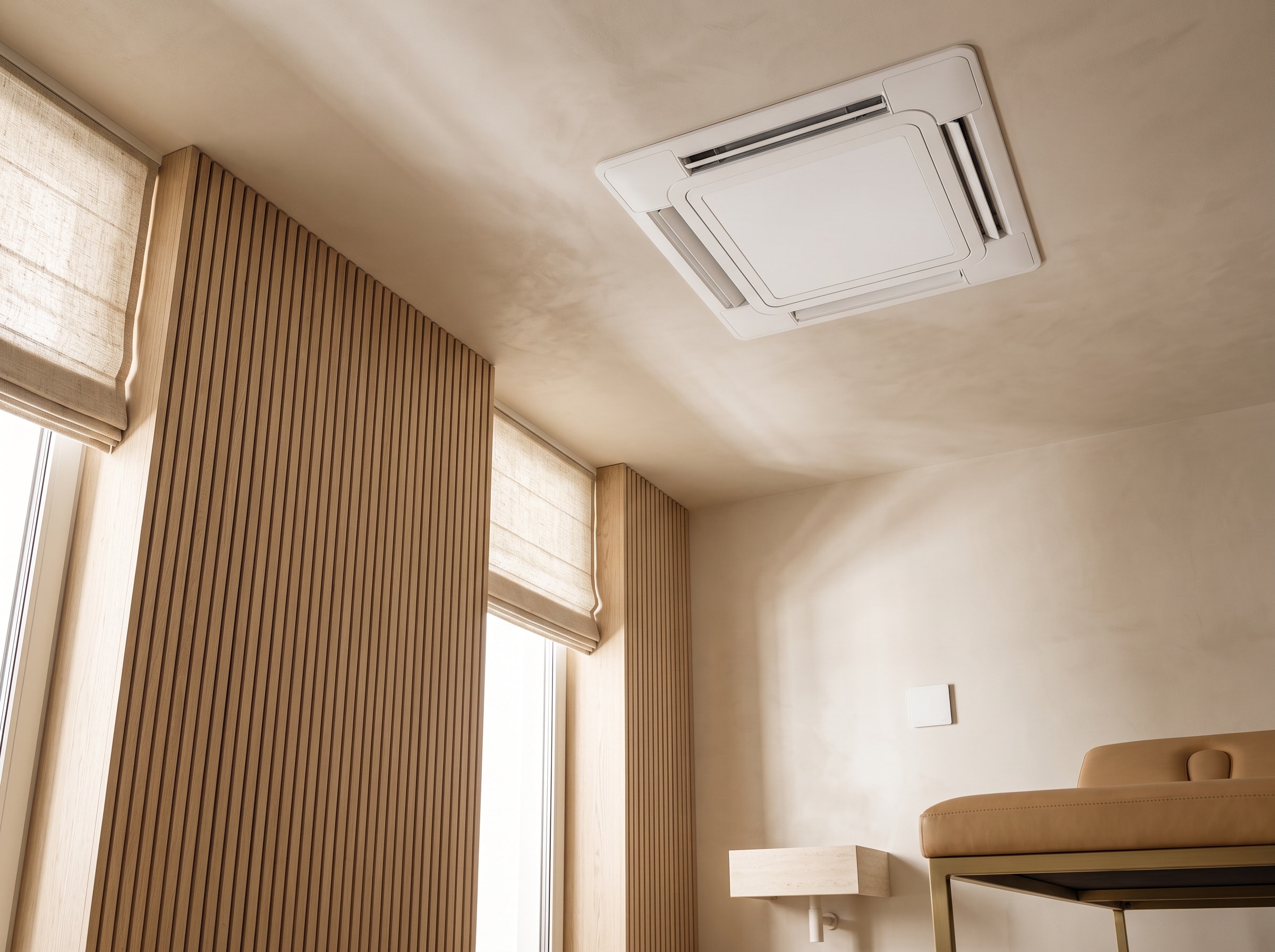 Deckenkassette einer Klimaanlage bündig in der Decke eines Behandlungsraums, darunter Holzlamellenwand, Liege und Waschbecken.