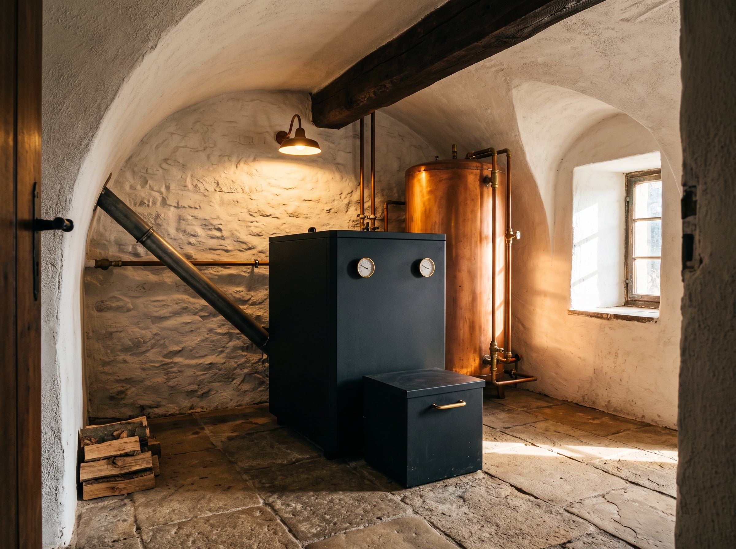 Pelletkessel im Gewölbekeller eines Bauernhauses, die Förderschnecke kommt schräg durch die Mauer, daneben Aschebox und Pufferspeicher.