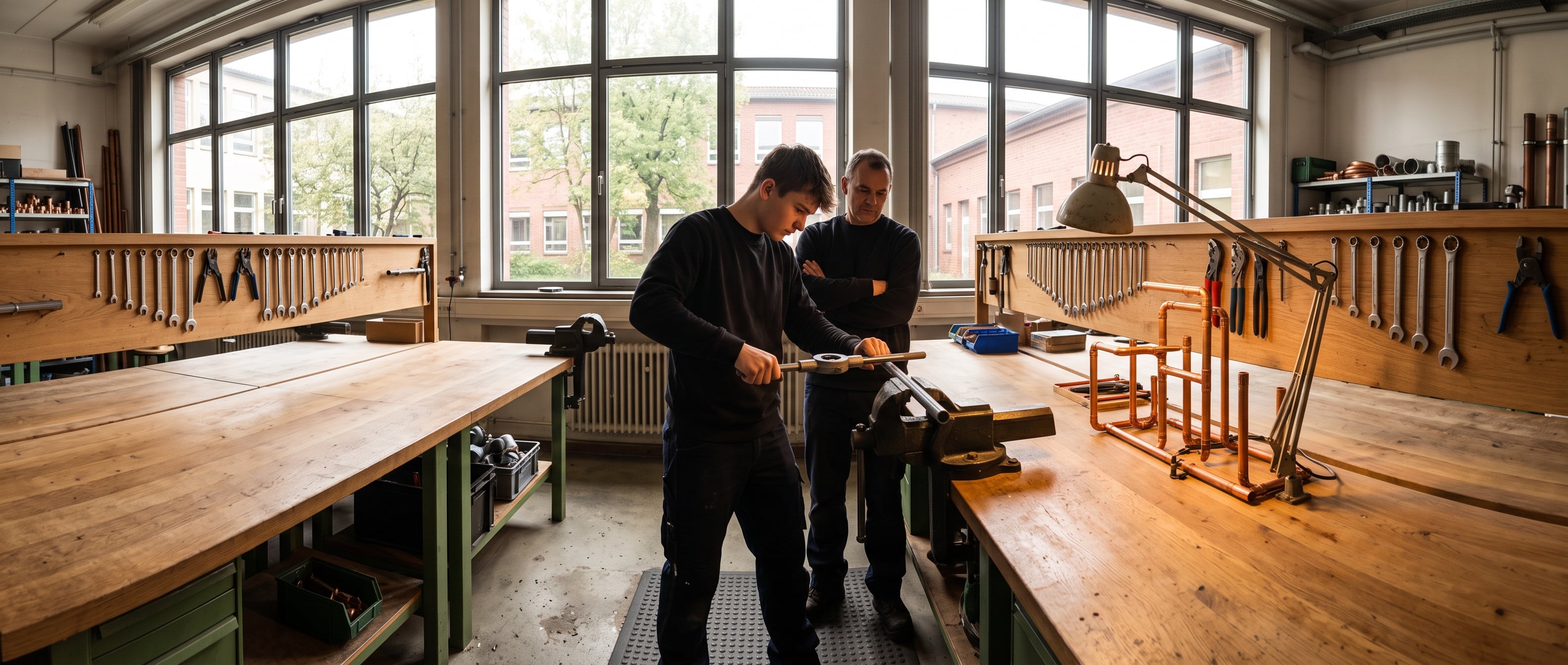 Auszubildender an der Werkbank beim Gewindeschneiden, daneben ein Geselle, der zusieht.