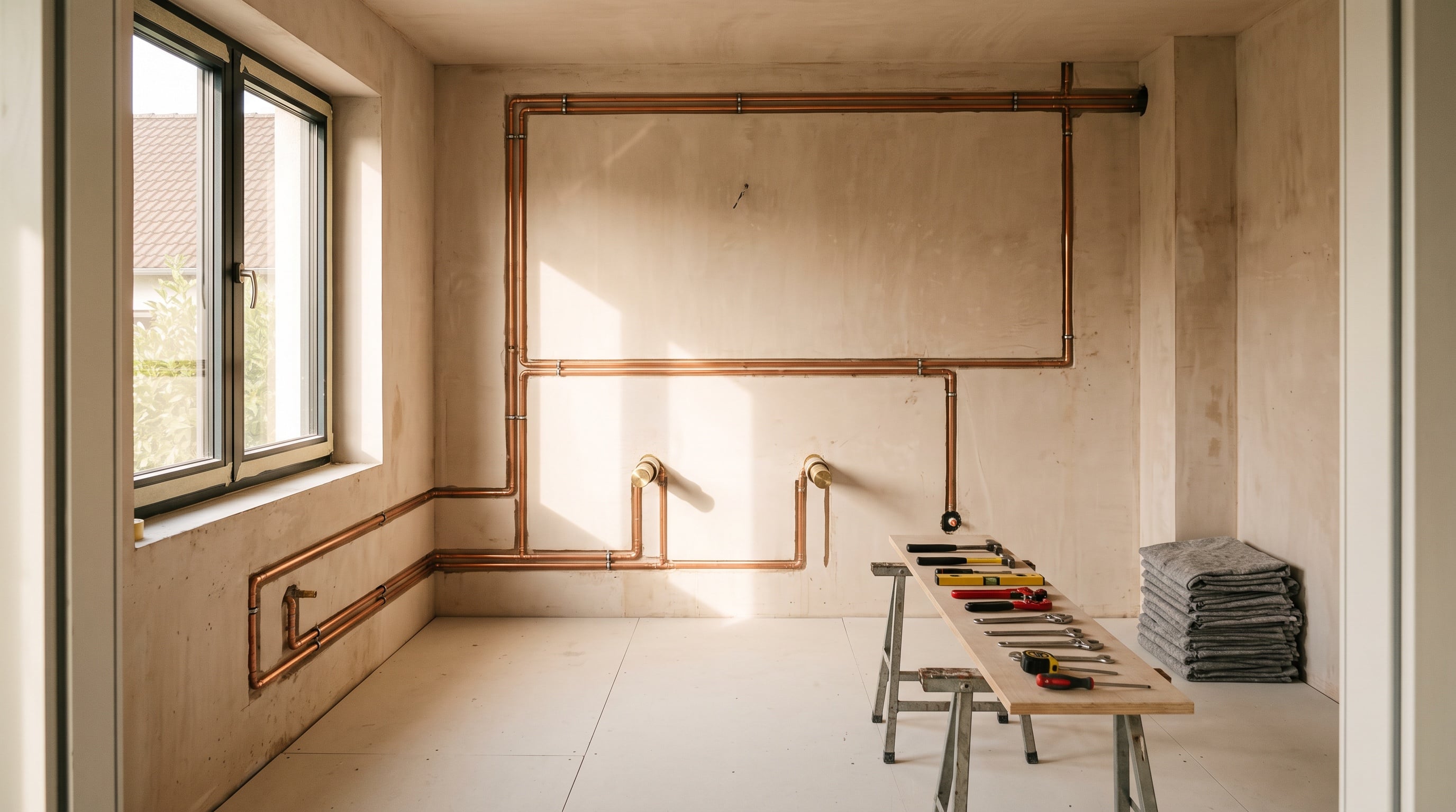 Aufgerissenes Badezimmer während der Sanierung, freigelegte Leitungen in der Wand, Werkzeug am Boden.