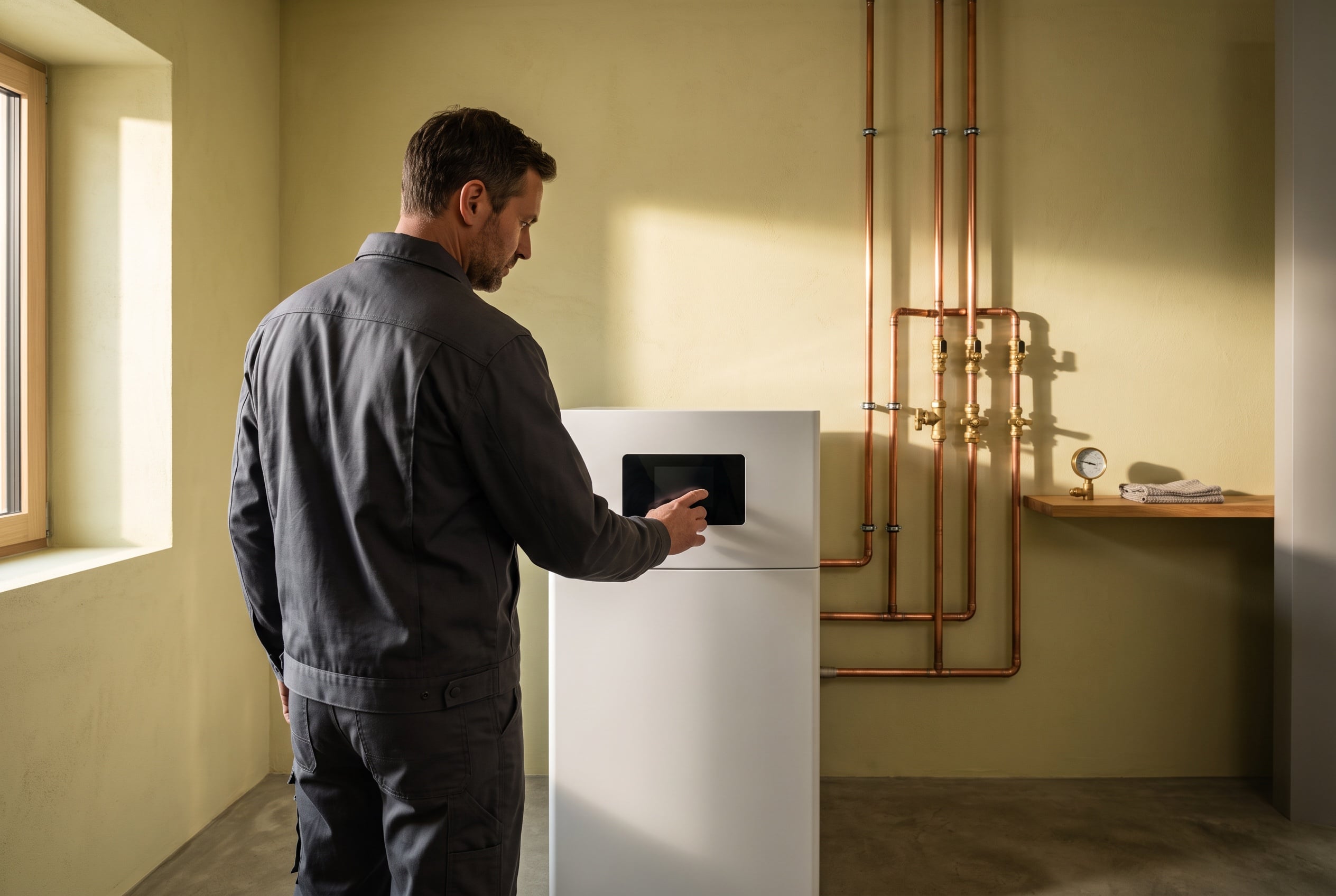 Anlagenmechaniker prüft die Regelung einer Wärmepumpe im Heizraum eines Wohnhauses.