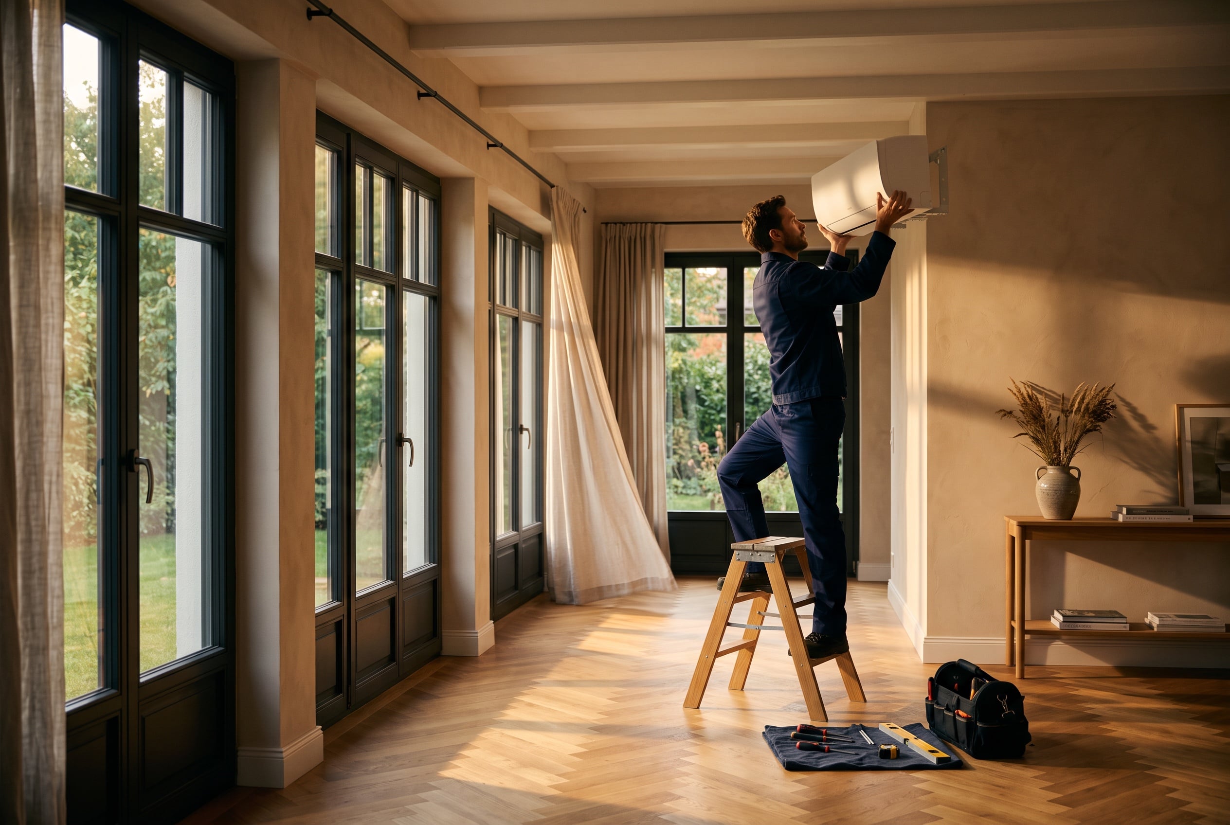 Monteur montiert das Innengerät einer Klimaanlage an eine Wand über einer Fensterreihe.