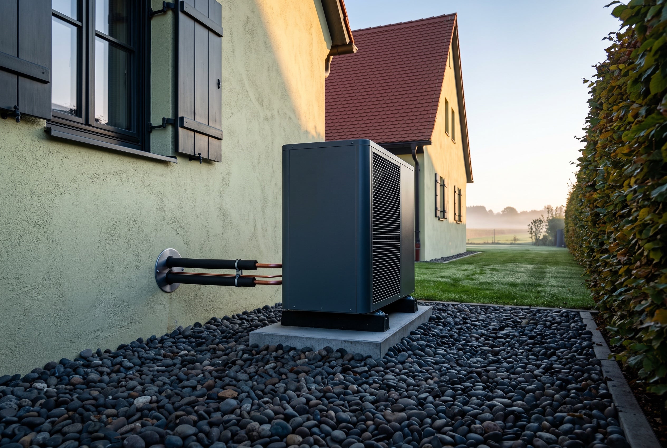 Außengerät einer Luft-Wasser-Wärmepumpe neben einem Wohnhaus, dahinter der Garten im Tageslicht.