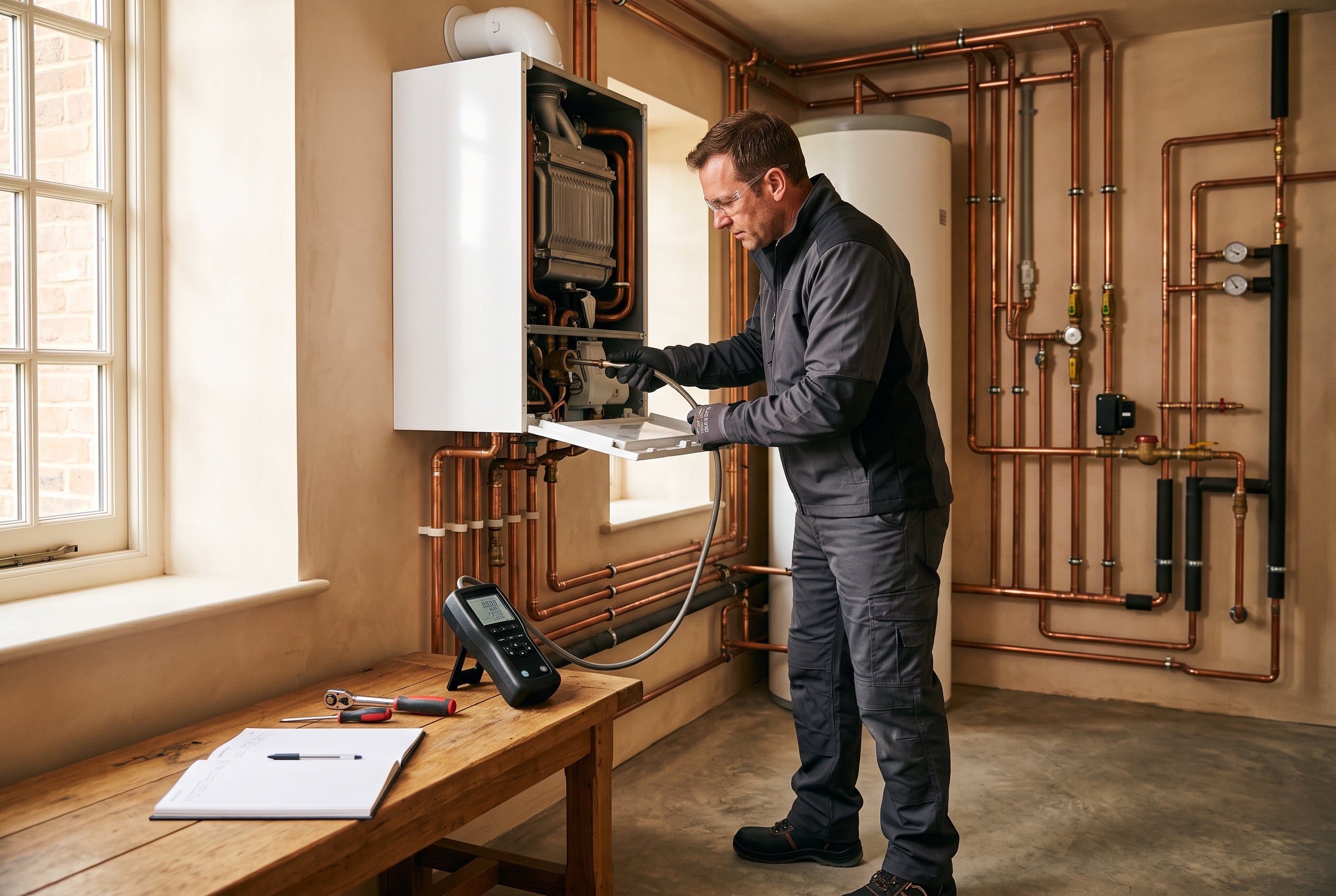 Techniker misst die Abgaswerte an einem Gas-Brennwertgerät und notiert sie im Protokoll.