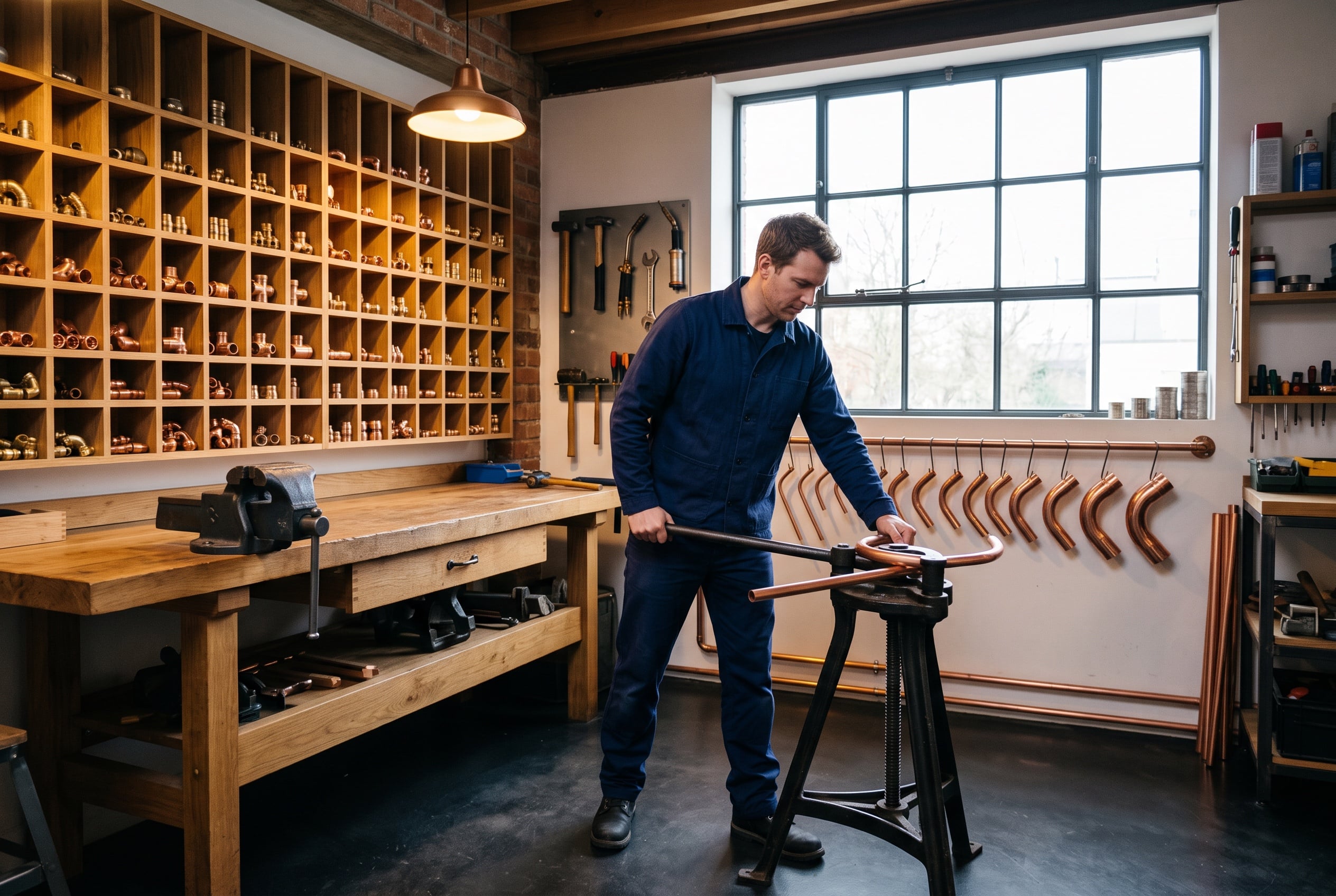 Werkstatt mit Rohrbiegemaschine, Werkbank und sortierten Fittings an der Wand.